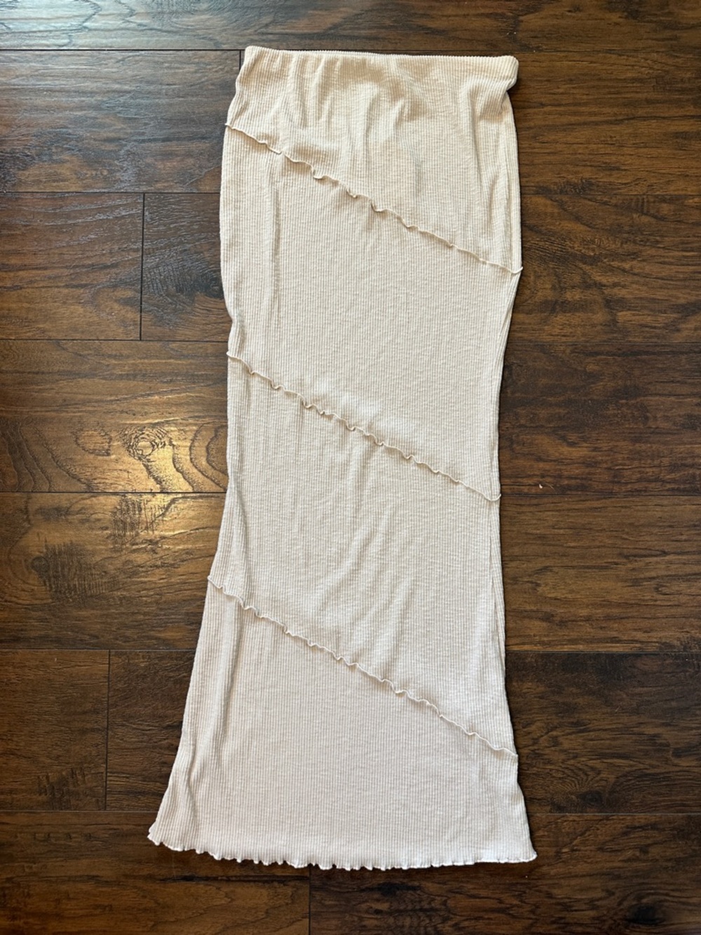 Princess Polly Cream Ribbed Maxi Skirt with Diagonal Ruffle Panels